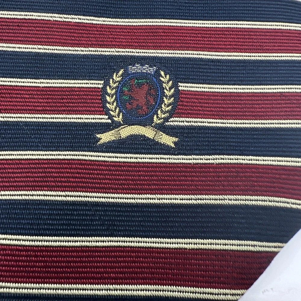 Tommy Hilfiger Italian Silk Tie Red Gold Navy Stripe Crest Logo Necktie Vintage